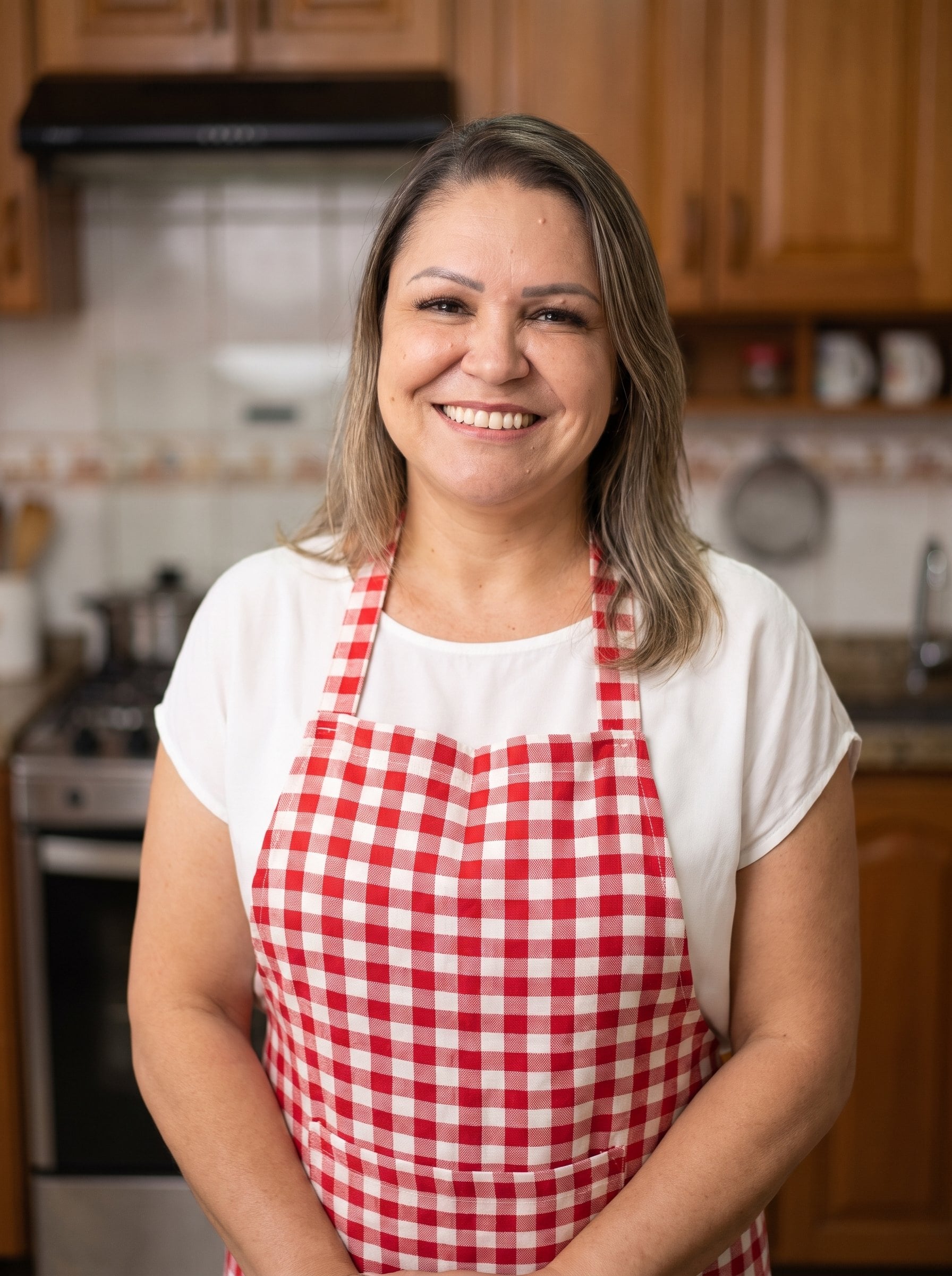 A Kika sorrindo na cozinha, de avental xadrez vermelho e branco